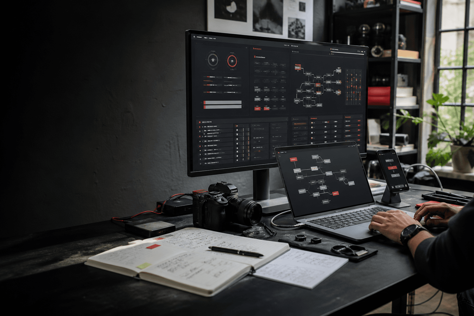 Estudio de trabajo digital con sistemas, producción y automatización